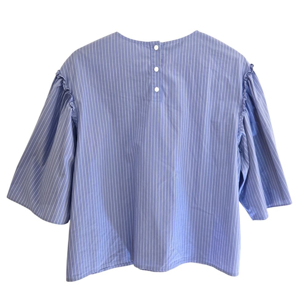 Sara Campbell Light Blue Pinstripe Cotton Blend Ruffle Sleeve Top M - Picture 2 of 8